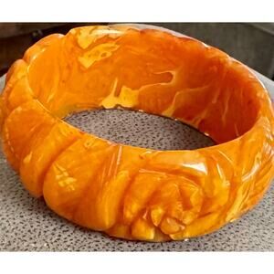 Carved Roses Butterscotch Amber Retro Wide Chunky Vintage Bangle Bracelet Estate